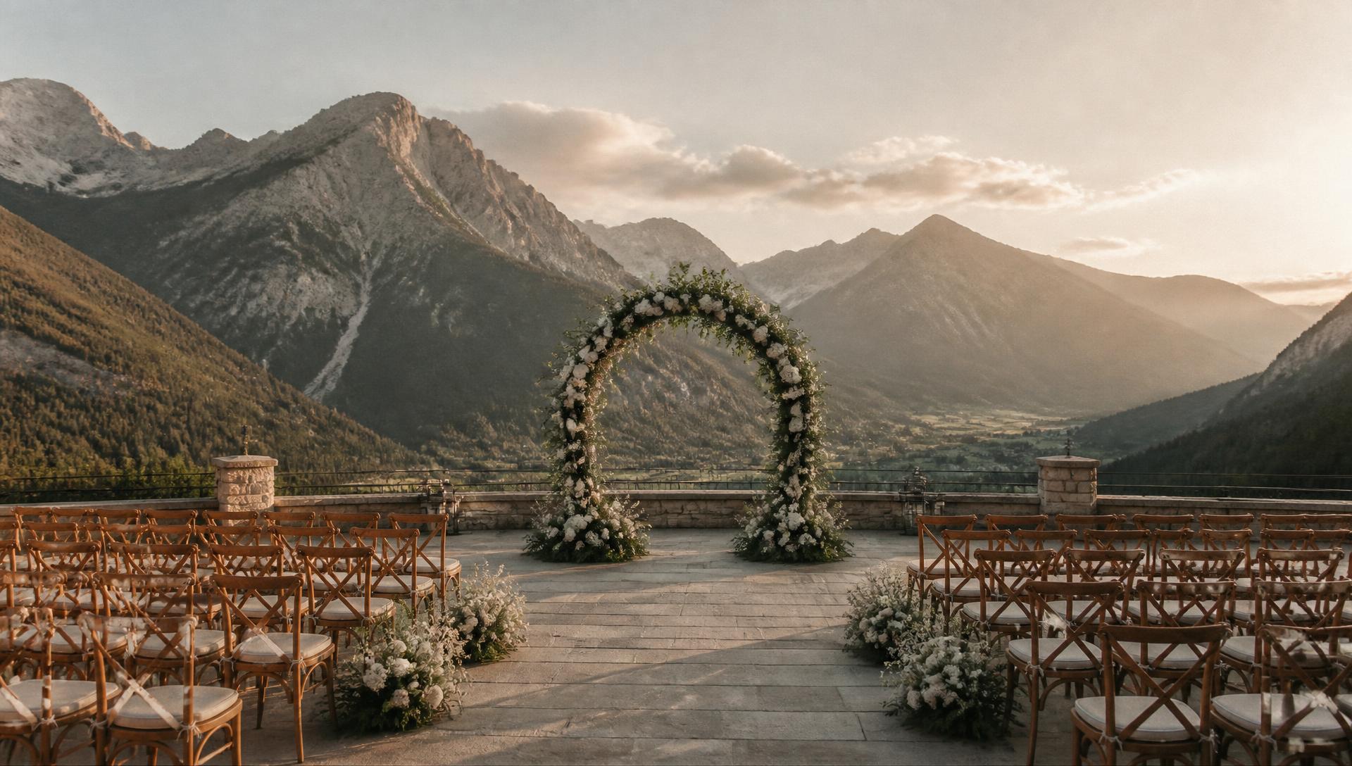Cerimônia de casamento minimalista montada em terraço nas montanhas da Europa